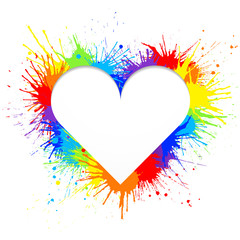 Heart shaped frame made of rainbow paint splashes on white background  Vector illustration.