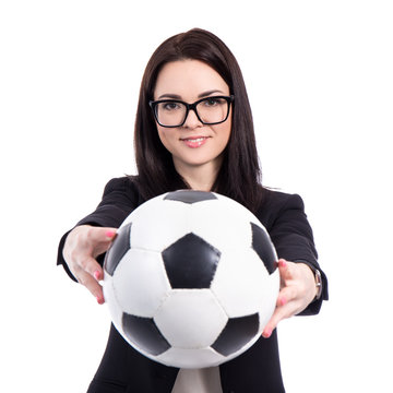 Portrait Of Young Business Woman With Soccer Ball Isolated On Wh