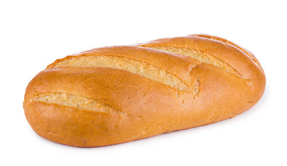 White wheaten long loaf on a white background. Bread close-up.