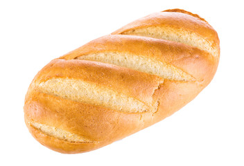 White wheaten long loaf on a white background. Bread close-up.