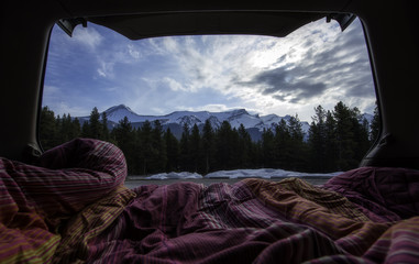 Morning view car camping in the mountains