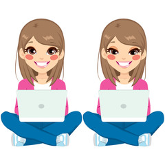 Young beautiful teenager girl sitting on floor with white laptop on two different face expressions