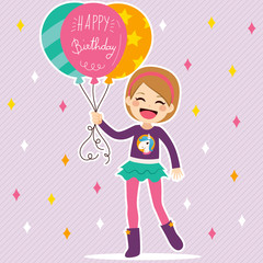 Little cute girl with balloons and happy birthday text