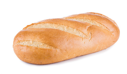 White wheaten long loaf on a white background. Bread close-up.