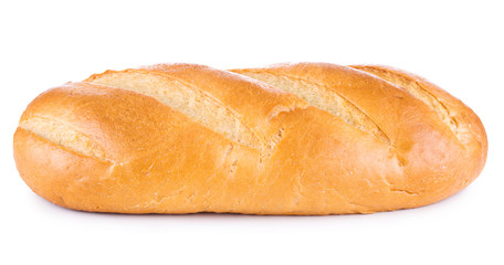 White wheaten long loaf on a white background. Bread close-up.
