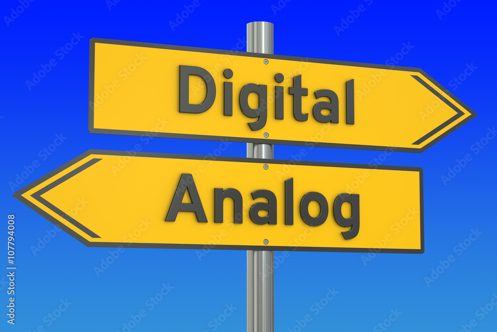 Aufkleber digital vs analog concept, 3d rendering