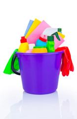 Cleaning kit on white background. Tools for cleaning. Cleaning agents, spray, rubber gloves. Flat Lay