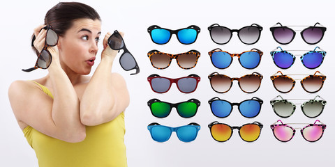 fun woman with sunglasses, sale concept