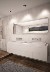 White Color Bathroom with Double Sinks Camera 1 Evening