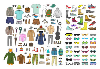 Big hand drawn collection of trendy clothes, shoes and accessories. Look Book. Isolated. 