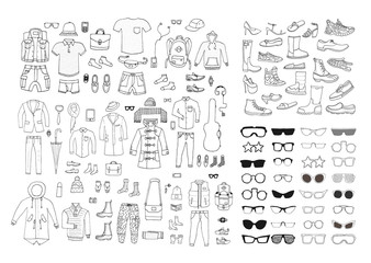 Big hand drawn collection of trendy clothes, shoes and accessories. Look Book. Isolated. 