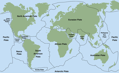 Plate tectonics - world map with major an minor plates. Vector illustration.