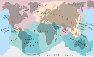 Tectonic plates of planet earth - map with names of major an minor plates.