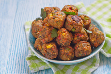 Vegetarian meatballs with chickpea. carrot and corn