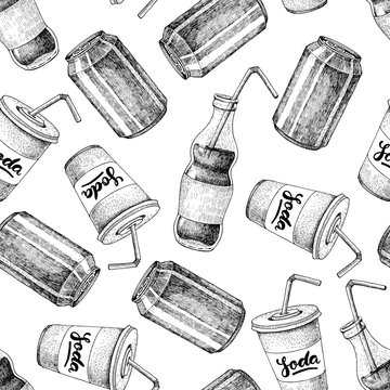 Vector seamless soda drawing pattern. Hand drawn soda illustrati