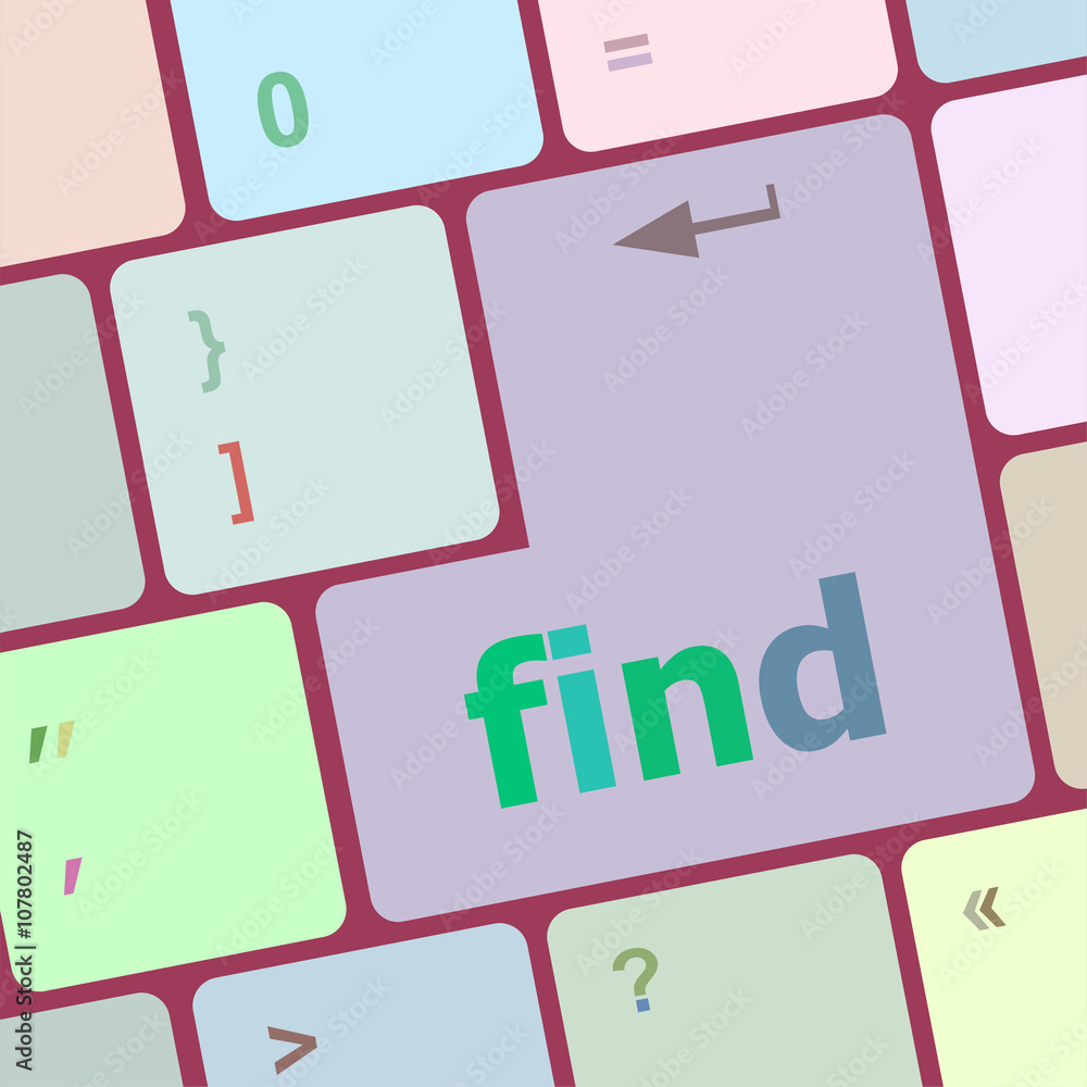 Poster find word on keyboard key, notebook computer button vector illustration