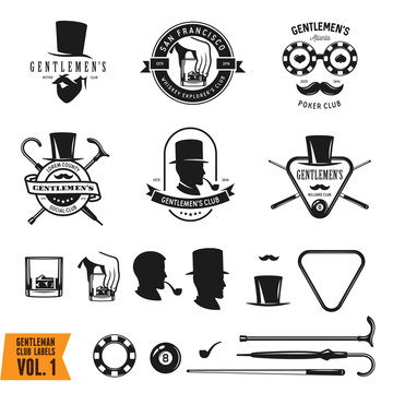Collection of vintage gentleman emblems, labels, badges and design elements. Vector illustration.