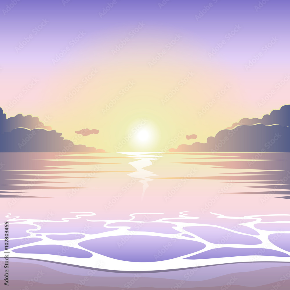 Wall mural Sunset on the beach with surf, waves and sun, vector summer background, summer illustration, summer beach, summer poster