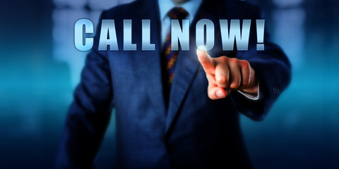 Torso Of Businessman Pushing CALL NOW!