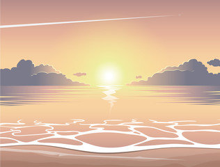 Naklejka premium Evening sea beach at sunset with waves, clouds and a plane flying in the sky, vector summer background, summer illustration, summer beach