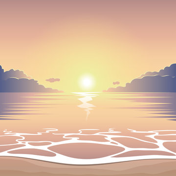 Evening sea beach at sunset with waves and clouds, vector summer background, summer illustration, summer beach