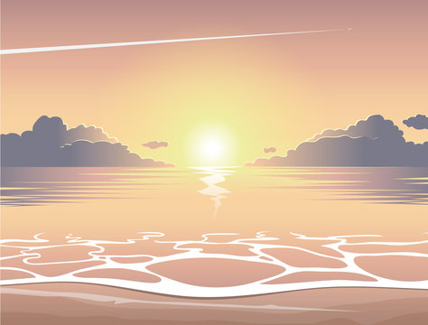 Evening sea beach at sunset with waves, clouds and a plane flying in the sky, vector summer background, summer illustration, summer beach