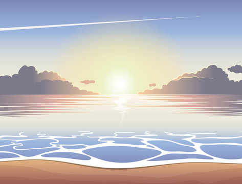 Morning sea beach at sunrise with waves, clouds and a plane flying in the sky, vector summer background, summer illustration, summer beach, summer poster