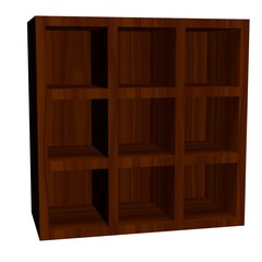 Empty wooden bookcase isolated on white background.