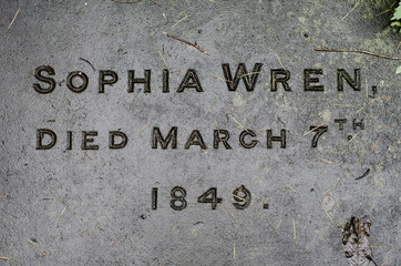 Sophia Wren's gravestone. Name and date engraved on the gravestone of the great granddaughter of the celebrated British architect, in churchyard in Bath, Somerset, UK