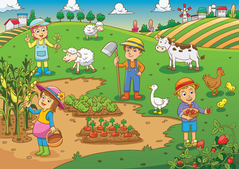 child and pet in thefarm cartoon