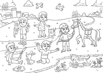 child and pet in the park cartoon for coloring