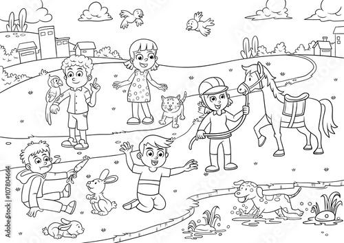 quotchild and pet in the park cartoon for coloringquot Stock