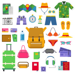 Summer vacation symbols beach travel holiday tourism set flat vector illustration.
