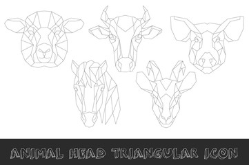 Front view of farm animal head triangular icon set, geometric trendy line design. Vector illustration for tattoo or adult coloring book. - 107805872