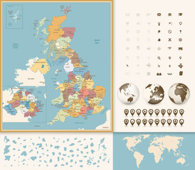 Obraz premium Great Britain Map with Navigation Icon Set. Vintage Colors