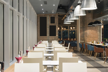 Interior of a empty canteen in the evening