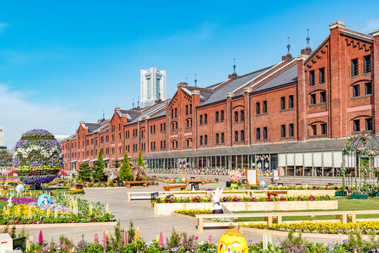 Historical Warehouse with flowers at Red brick park in Yokohama, Japan. The warehouse is called Aka-Renga-Soko in Japanese.
