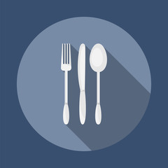 Fork, knife and spoon  with long shadow. Dining etiquette. Foods Service icon. Menu card. Simple flat vector illustration, EPS 10.