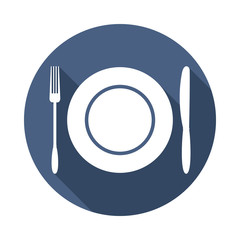 Plate, knife and fork with long shadows. Dining etiquette. Foods Service icon. Menu card. Simple flat vector illustration, EPS 10.