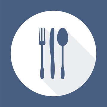 Fork, knife and spoon  with long shadow. Dining etiquette. Foods Service icon. Menu card. Simple flat vector illustration, EPS 10.