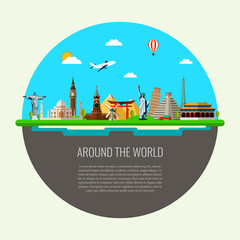 Travel background with famous world landmarks icons. Vector 