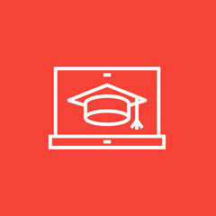 Laptop with graduation cap on screen line icon.