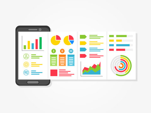 Mobile presentation vector illustration. Presentation app with charts, diagrams creative concept. Business presentation layout graphic design.

