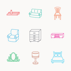 Double bed, table lamp and armchair icons.