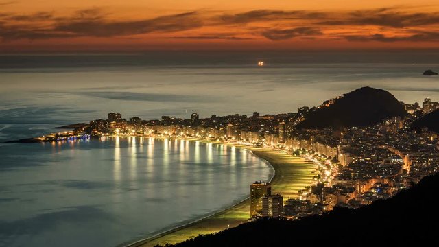 Sunset over Copacabana Beach in Rio de Janeiro, Brazil.