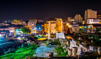 Night view of the Library of Hadrian in Athens - Greece