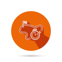 Race road icon. Finishing flag with timer sign.