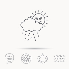 Rain and sun icon. Water drops with cloud sign.