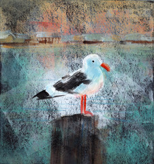 Fototapeta premium Seagull At The Dock - Acrylic painting of a seagull standing on a wooden dock post.