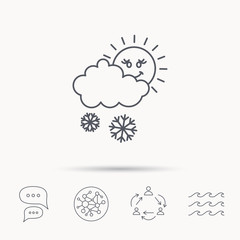 Snow with sun icon. Snowflakes and cloud sign.